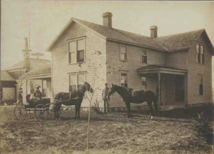The Lynes family farmhouse with several of their Morgan horses in front. Donated by Merideth Sears.
