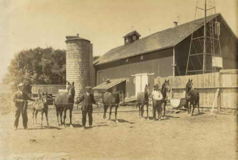 J. J. Lynes and his sons on their farm with a string of their Morgan horses. Photo believed to have been taken around the time J. J. Lynes retired from the farm in 1919. Donated by Meredith Sears.